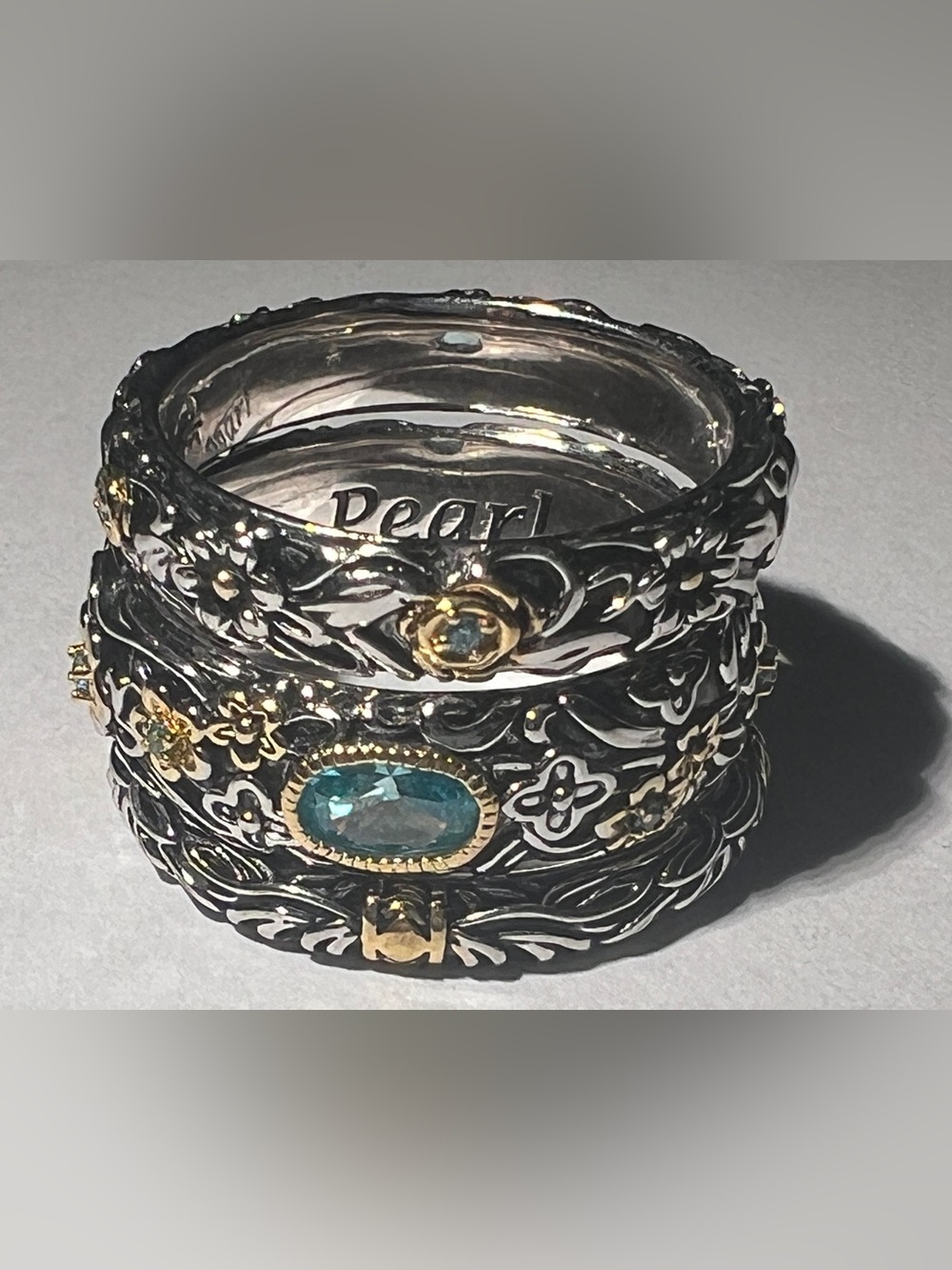 Signed 3/C Sterling Silver Gold Blue Topaz Gemstone Floral Stacking Ring Set 7